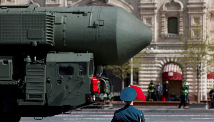 A Russian Yars intercontinental ballistic missile system drives past an honour guard during a military parade on Victory Day, in Red Square in central Moscow, Russia May 9, 2022. — Reuters