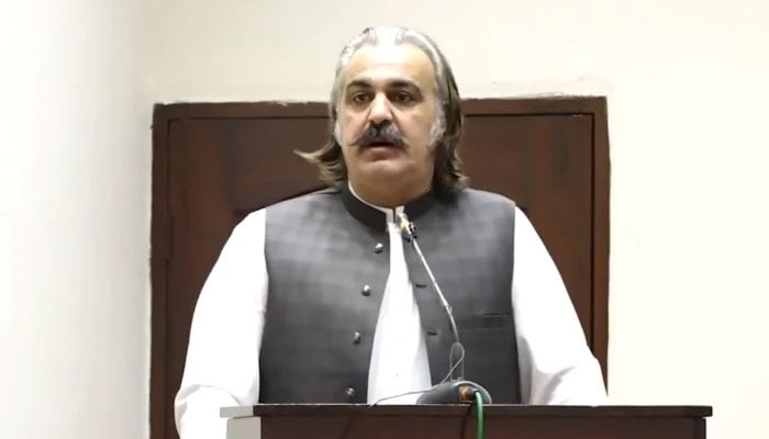 Khyber Pakhtunkhwa (KP) Chief Minister Ali Amin Gandapur addressing journalists at CM House in Peshawar on September 28, 2024. —Screengrab/ Facebook/ @AliAminKhanGandapurPti