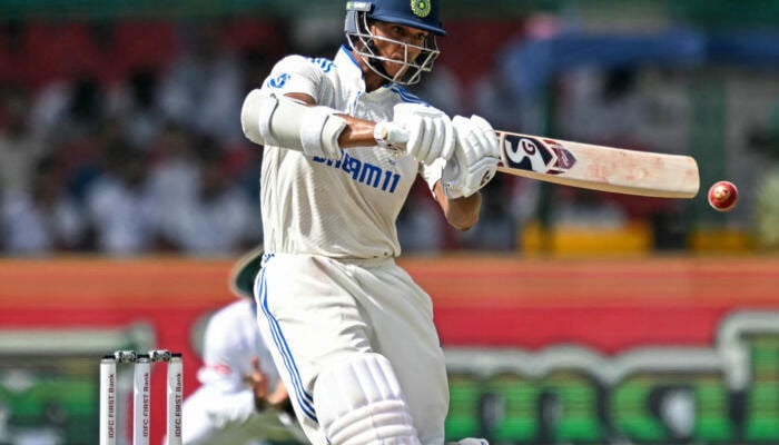 Indian opener Yashasvi Jaiswal playing a shot against Bangladesh on September 30, 2024. — AFP