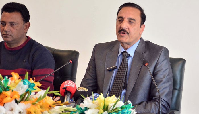 Former Rawalpindi Commissioner Liaquat Ali Chattha speaks at a press conference at his office in the city on February 17, 2024. — Online