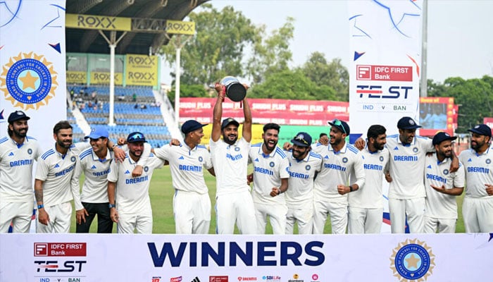 Indias players celebrate after taking the series 2-0 against Bangladesh in Kanpur. — AFP/file