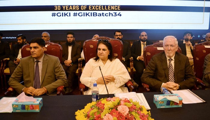 Benazir Income Support Programme (BISP) Chairperson Senator Rubina Khalid seen at the Ghulam Ishaq Khan Institute of Engineering Sciences and Technology (GIKI) as the chief guest for the induction ceremony of the new batch of students on Oct 1, 2024. — PID