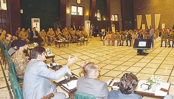 Sindh Chief Minister Murad Ali Shah addressing the participants of the National Security & War Course 25 led by Chief Instructor Major General Mohammad Akhtar at CM House in Karachi on October 1, 2024. — PPI