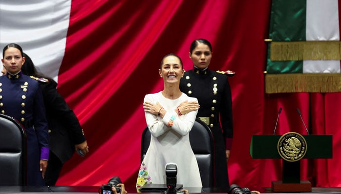 Mexicos newly-elected President Claudia Sheinbaum gestures during her swearing-in ceremony at Congress, in Mexico City, Mexico, October 1, 2024. — Reuters