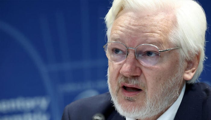 WikiLeaks founder Julian Assange speaks during a parliamentary hearing at the Council of Europe in Strasbourg, France, on October 1, 2024. © Frederick Florin, — AFP