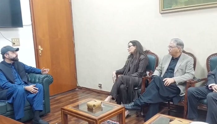 PPP Vice President Senator Sherry Rehman seen holding consultations with Minister for Religious Affairs and PMLQ senior leader Chaudhry Salik Hussain on October 1, 2024. — Screengrab via X/@VicePresPPPP