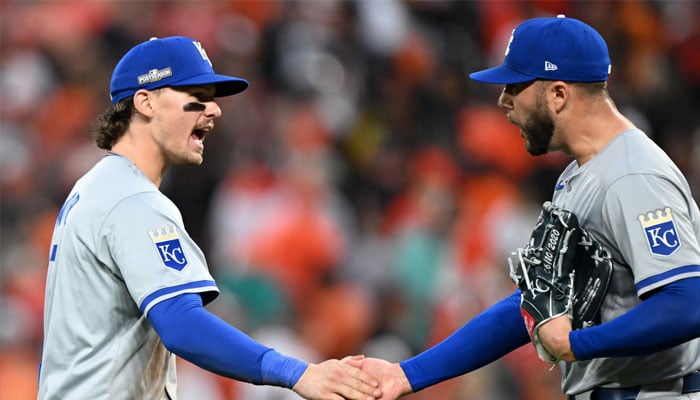 Bobby Witt Jr and Lucas Erceg of the Kansas City Royals celebrate a victory over Baltimore in game one of their American League playoff series. — AFP