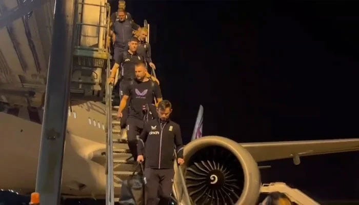 Members of England Test squad for Pakistan series get off an aircraft after touching down in Multan on October 2, 2024. — Reporter