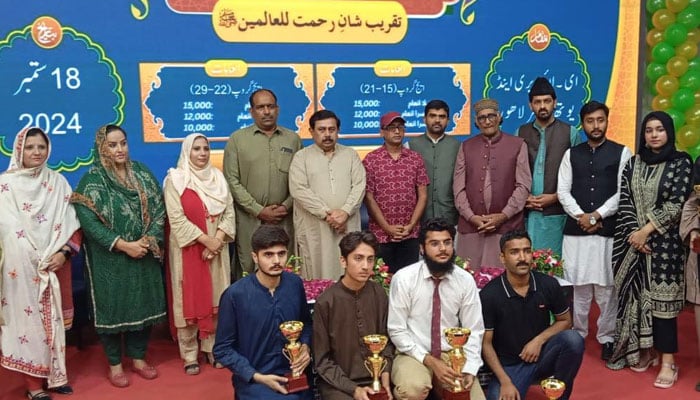 Group photo of participants after the Naat competition organised by the E-Library Lahore in collaboration with the Department of Sports & Youth Affairs, Punjab on 18th September 2024. — Facebook/elibrarylahoreofficial