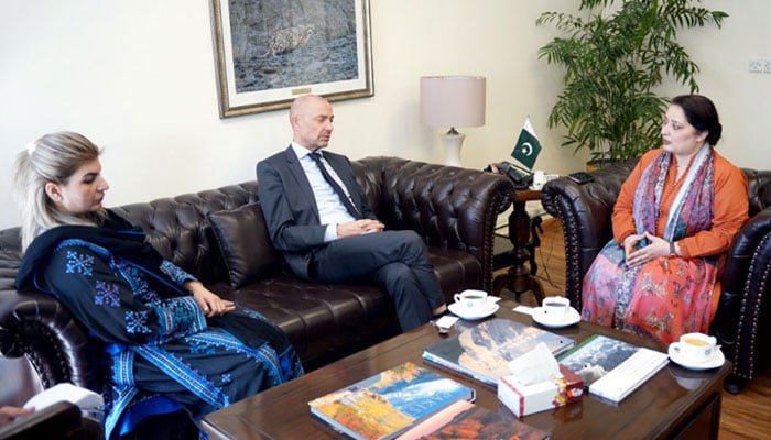 Ambassador of Denmark to Pakistan Jakob Linulf is seen in a meeting with Prime Minister’s Coordinator on Climate Change Romina Khurshid Alam on Oct 2, 2024. — APP