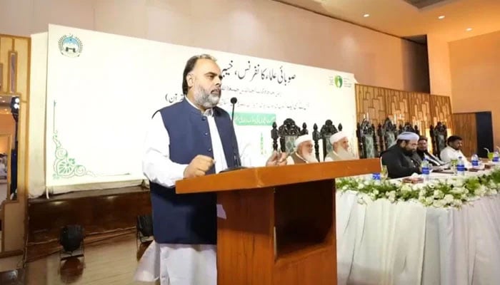 KP Minister for Health Syed Qasim Ali Shah speaks at a conference organised by the Provincial Department of Auqaf, Haj, and Religious Affairs on September 5, 2024. — Screengrab via  Facebook/Syed Qasim Ali Shah