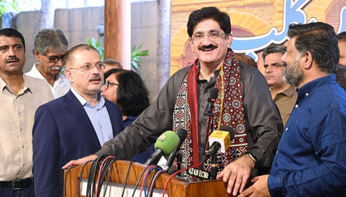 Sindh Chief Minister Syed Murad Ali Shah talking to media persons during his visit to Karachi Press Club on Oct 2, 2024. — APP.