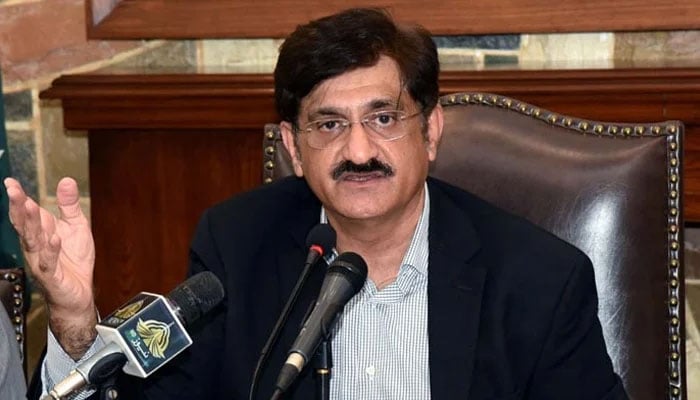 Sindh Chief Minister, Syed Murad Ali Shah talking to media persons during press conference, at CM House in Karachi on July 13, 2022. — PPI