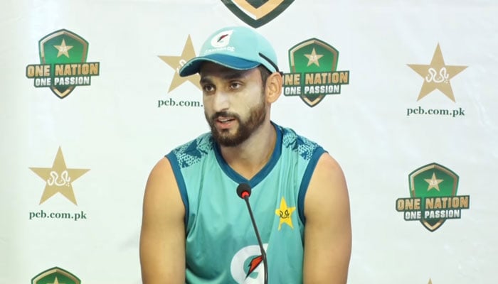 Pakistani cricketer Salman Ali Agha speaks with the media at the Pindi Stadium on August 18, 2024. — Screengrab via Facebook/Pakistan Cricket Team