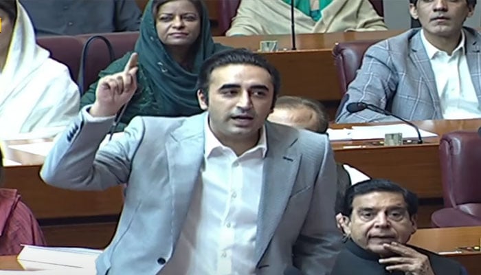 PPP Chairman Bilawal Bhutto-Zardari speaks during a National Assembly session in this undated still taken from a video. — Geo News/Screengrab