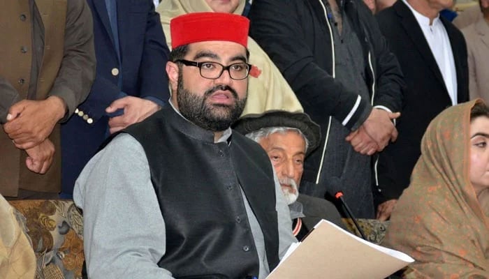 Awami National Party (ANP) provincial President Aimal Wali Khan speaks during a press conference on February 11, 2024. — Facebook/Aimal Wali Khan