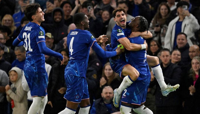 Chelsea’s Pedro Neto celebrates scoring their second goal with Axel Disasi, Tosin Adarabioyo and Cesare Casadei during their Europa Conference League match against Gent at Stamford Bridge, on October 3, 2024. — Reuters