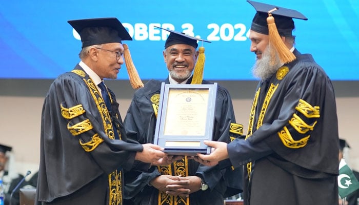 Dr Dato’ Seri Anwar Ibrahim, Malaysia’s Prime Minister receiving honorary degree of Doctor of Philosophy at the National University of Sciences & Technology (NUST-Islamabad) on Oct 4, 2024. — Facebook/nustofficial