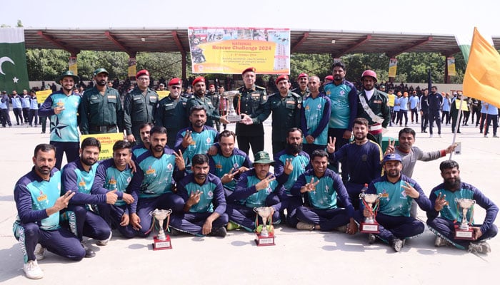 Secretary of Emergency Services Dr Rizwan Naseer pose for a group photo with the champion team from Gujranwala for winning the National Rescue Challenge 2024 on October 5, 2024. — Facebook/Punjab Emergency Service Department