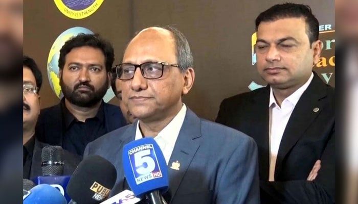 Sindh Local Government Minister, Saeed Ghani talks to media persons in Karachi on October 5, 2024. — PPI