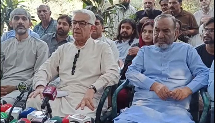 Federal Minister for Defence Khawaja Muhammad Asif talking to media at his residence in Sialkot on Oct 5, 2024. — Screengrab via Facebook/khawajaAsifofficial