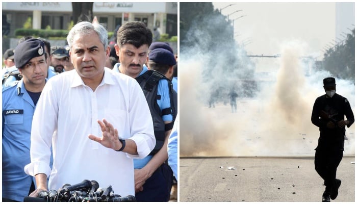 A collage showing Federal Interior Minister Mohsin Naqvi (left) talking to the media and the silhouette of a police personnel against the backdrop of tear gas used by the police to deter PTI protesters in Islamabad. — INP/Online/File