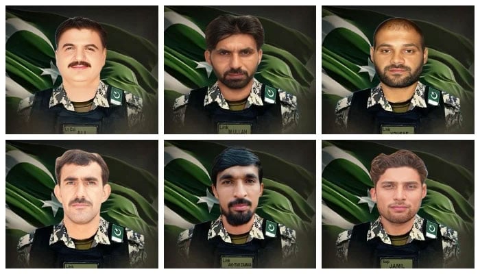 (Clockwise) Martyred soldiers Lt Col Muhammad Ali Shoukat, Lance Naik Muhammad Ullah, Lance Naik Yusaf Ali, Lance Naik Shahid Ullah, Lance Naik Akhtar Zaman, Sepoy Jameel Ahmed. — ISPR/File