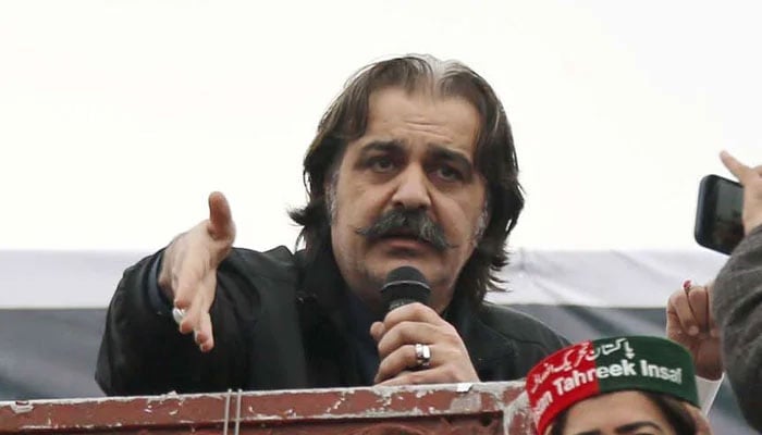 KP CM Ali Amin Gandapur addresses Pakistan Tehreek-e-Insaf (PTI) supporters at a demonstration against in Peshawar on March 10, 2024. — PPI