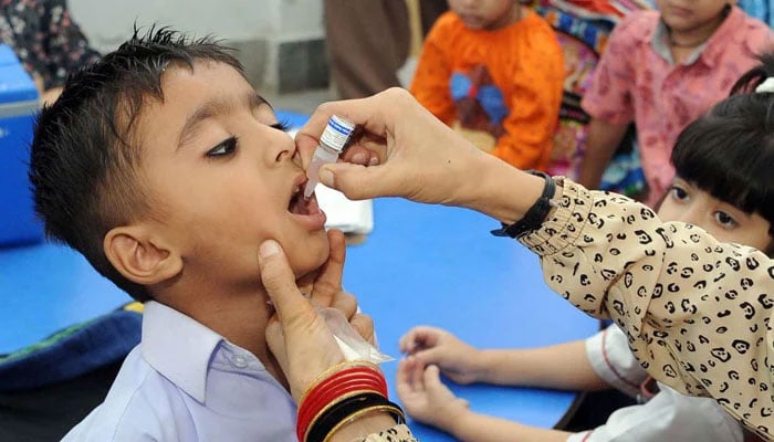 A lady health worker administers polio drops to a child during a polio eradication campaign in Hyderabad on April 29, 2024. — Online