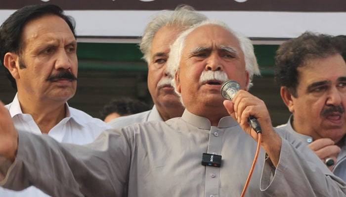 Co-chairman of the Pakhtunkhwa National Awami Party (PNAP) Mukhtiar Yousafzai addresses the public gathering on September 28, 2024. — Facebook/Mukhtar Khan Yousafzai