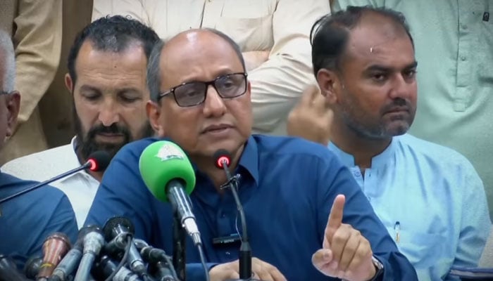 Sindh Local Government Minister Saeed Ghani addresses a press conference at the media cell of the Bilawal House on October 6, 2024. — Screengrab via Facebook/Saeed Ghani