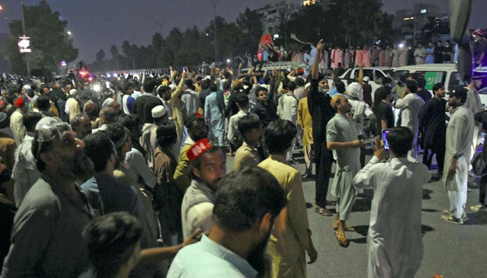 Activists of the Pakistan Tehreek-e-Insaf (PTI) party shouting slogans during a protest in Islamabad on October 6, 2024. — Online