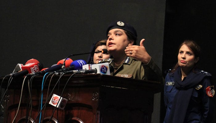 Chief Traffic Officer (CTO) Ammara Athar addresses to media persons during an event on May 16, 2024. — Facebook/City Traffic Police Lahore