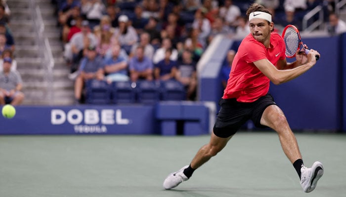 Taylor Fritz of the United States reaches for a backhand against Juan Pablo Varillas of Peru (not pictured) on day three of the 2023 U.S. Open tennis tournament at USTA Billie Jean King National Tennis Center. —USA TODAY Sports