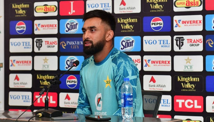 Abdullah Shafiques press conference at Multan Cricket Stadium following his century on day one of the first Test on October 7, 2024. — PCB website