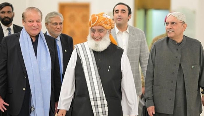 (From left to right) PML-N President Nawaz Sharif, JUI-F chief Maulana Fazlur Rehman and President Asif Ali Zardari seen in this image released on October 7, 2024. — Facebook/@MuhammadNawazSharifMNS