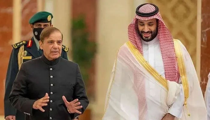 Prime Minister Shehbaz Sharif meets with Saudi Crown Prince Mohammed bin Salman in Saudi Arabia on April 30, 2022. — SPA