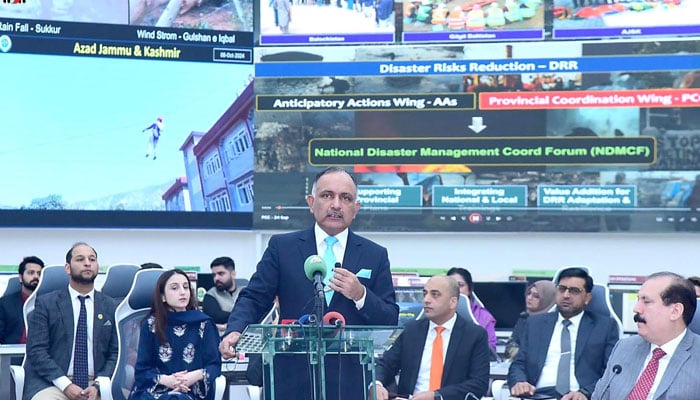 Chairman of National Disaster Management Authority (NDMA), Lieutenant General Inam Haider Malik addresses the National Resilience Day ceremony at the National NDMA Headquarters on October  8, 2024. — INP