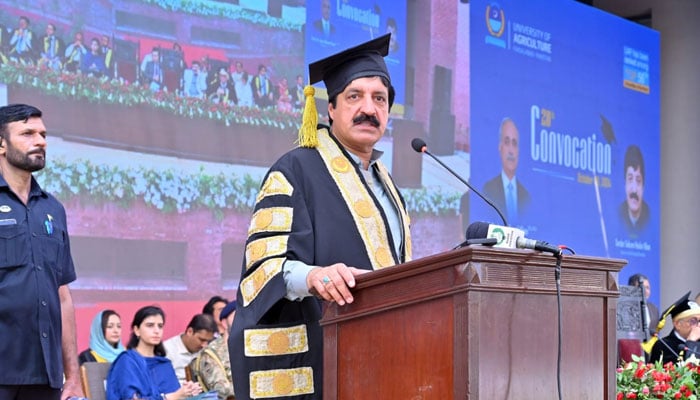 Governor Sardar Saleem Haider Khan addresses the 28th convocation ceremony of the University of Agriculture Faisalabad (UAF) on October 8, 2024. — Facebook/University of Agriculture Faisalabad - Official