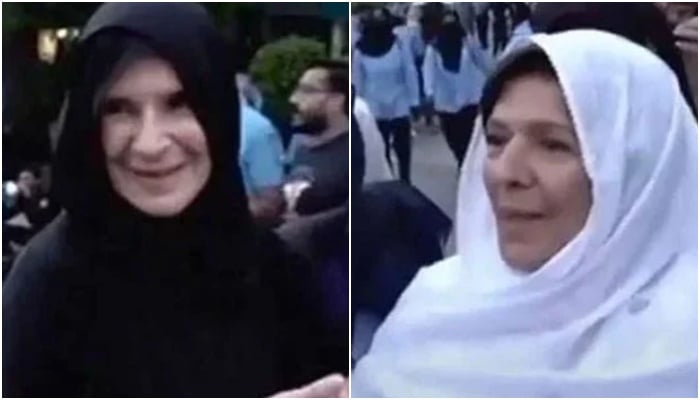 PTI founder and former prime minister Imran Khans sisters Uzma Khan (left) and Aleema Khan being taken into custody by police during a party protest. — Screengrab/Geo News/file