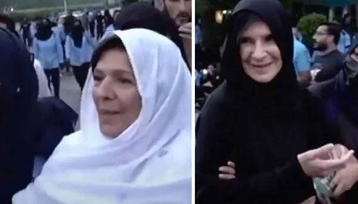 PTI founder and former prime minister Imran Khans sisters being taken into custody by police during a party protest. — Screengrab/Geo News/file