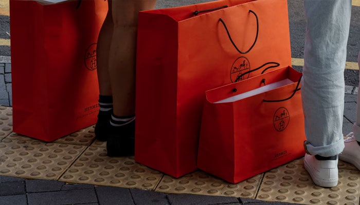 People stand with Hermes shopping bags as they wait at a traffic light in Tsim Sha Tsui, a bustling shopping hotspot, in Hong Kong, China December 5, 2023. — Reuters