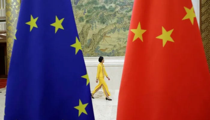 An undated image of showing flags of EU and China. — Reuters/File