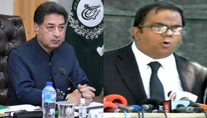 This combo of images shows, Chief Election Commissioner (CEC) Sikandar Sultan Raja (left) and the PTI candidate’s counsel, Faisal Chaudhry. — ECP/Youtube/@WahjocLaw/File