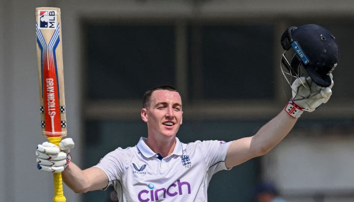 England´s Harry Brook celebrates after scoring a double century (200 runs) during the fourth day of the first Test cricket match between Pakistan and England at the Multan Cricket Stadium in Multan on October 10, 2024.— AFP