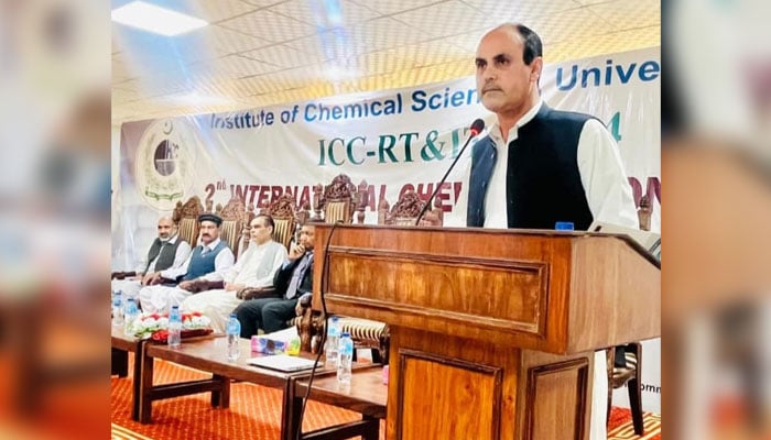 Participant speaks at a two-day international conference on “Emerging Trends and Innovative Technologies in Chemistry” at the University of Swat on October 9, 2024. — Facebook/University of Swat