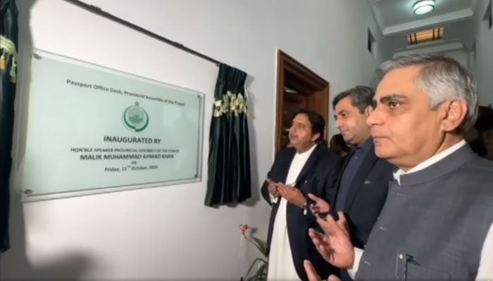 Punjab Assembly speaker Malik Muhammad Ahmad Khan  inaugurates the first-ever Special Passport Desk in the Punjab Assemblys Old Building on Oct 11, 2024. — Facebook/MalikMAhmadKhan