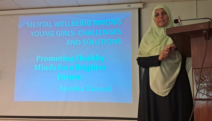 Ayesha Kayani, Principal, IMCG (PG), F-7/4, Islamabad  delivering a lecture on Mental Wellbeing of Young Girlson Oct 11, 2024. — Facebook/Islamabad Model College for Girls PG-Margala F-7/4, Islamabad