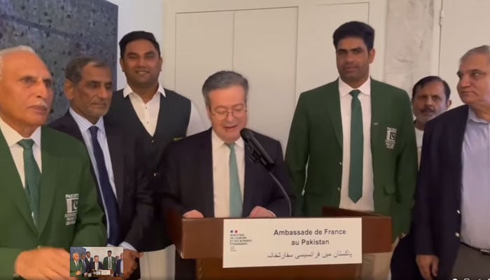 French Ambassador Nicolas Galey (centre) seen along with athletes Arshad Nadeem (right) and Haider Ali — Facebook/arshadnadeem76