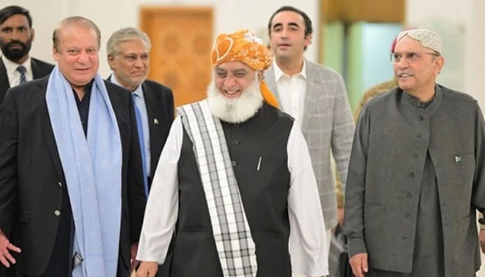 (From left to right) PML-N President Nawaz Sharif, JUI-F chief Maulana Fazlur Rehman and President Asif Ali Zardari seen in this image released on October 7, 2024. — Facebook/@MuhammadNawazSharifMNS